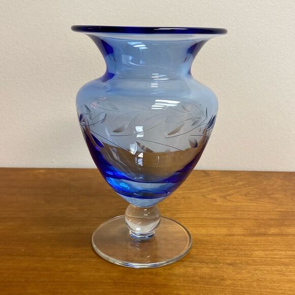 Cobalt Blue Art Glass Pedestal Vase with Etched Leaf Design Clear Base - Picture 1 of 9